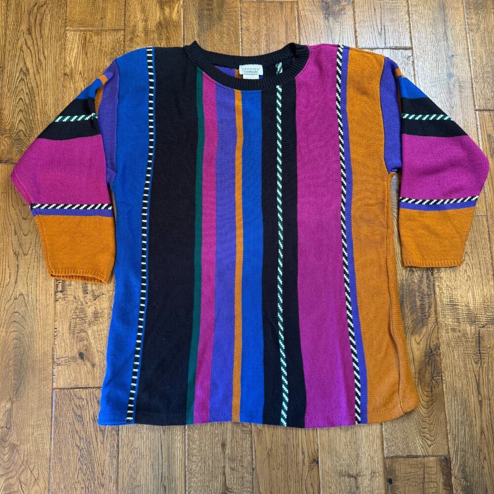VTG Fashion Formulas Pullover Top LG Stripes Women's Sweater 3/4 Sleeves
